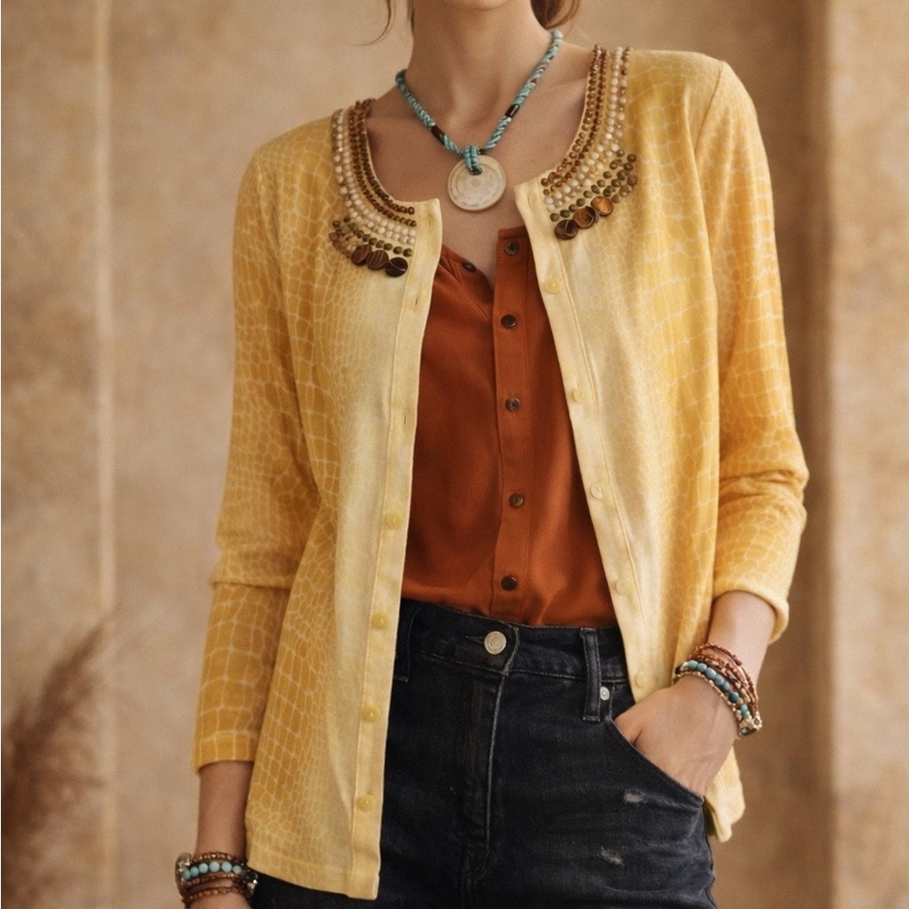Rafaella Yellow Giraffe Print Safari Beaded Neckline Fitted Cardigan Button Down